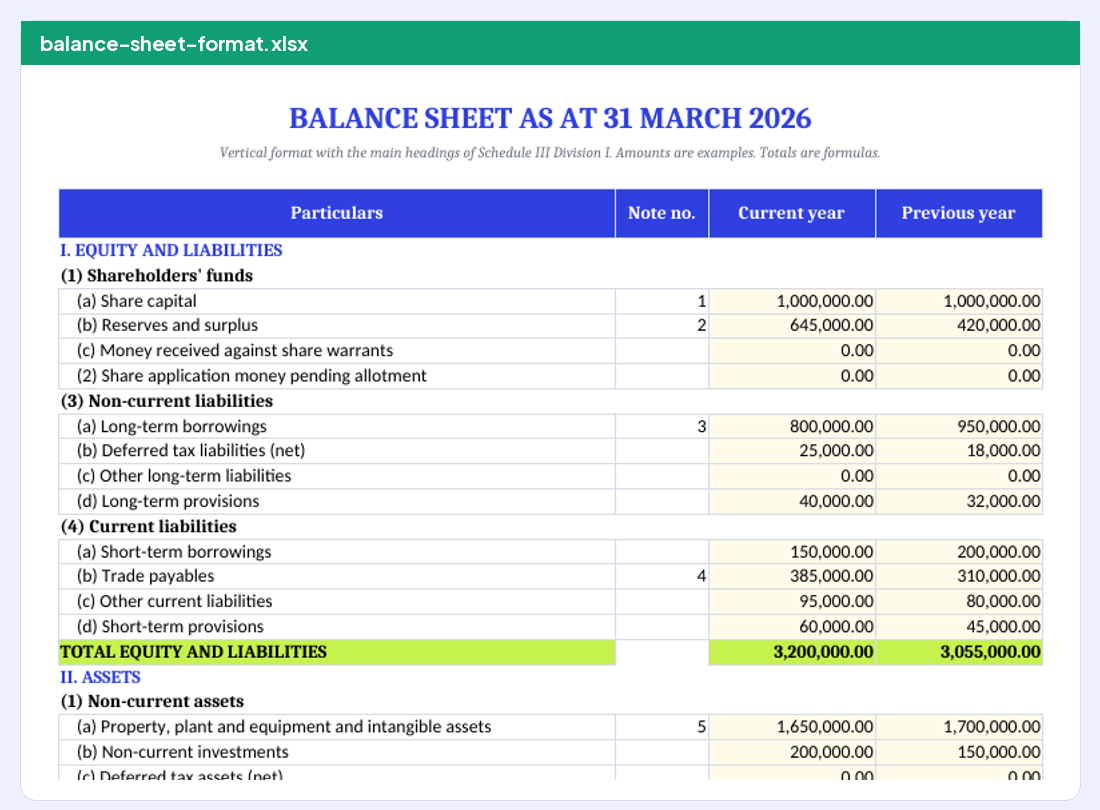 Balance sheet Excel template preview