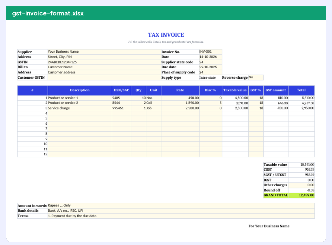 GST invoice Excel template with formulas