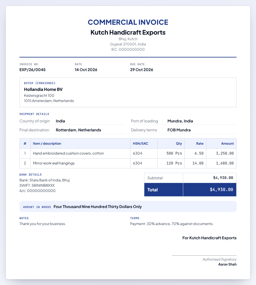 Commercial invoice format preview