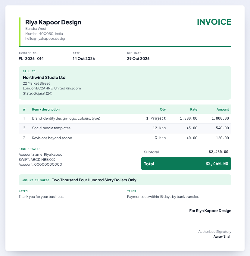 Freelance invoice (USD) preview