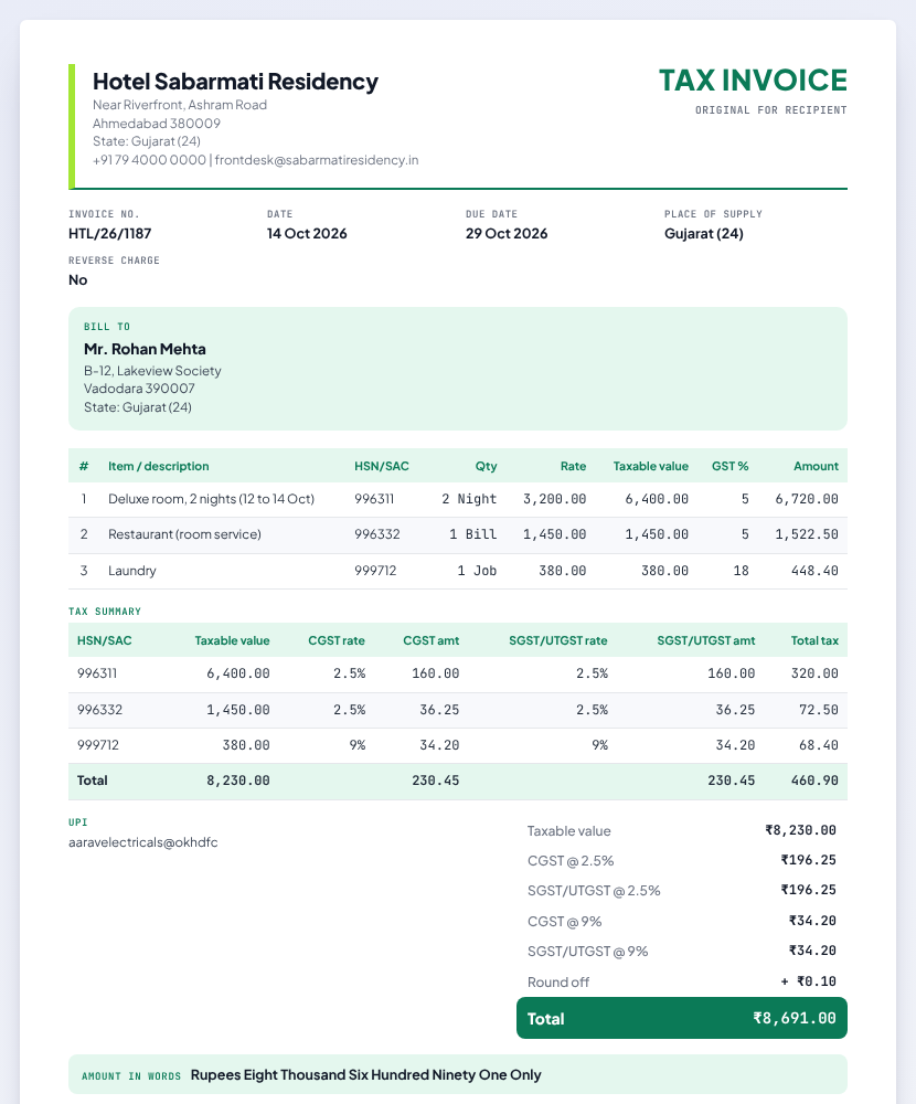 Hotel bill preview