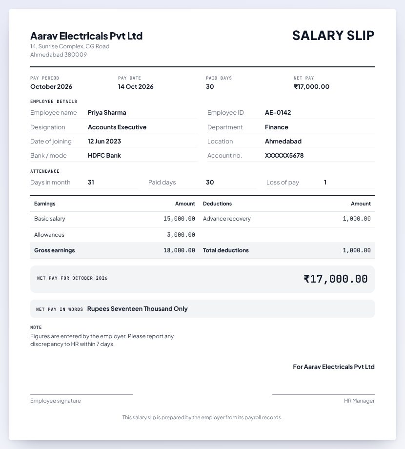 Payslip format preview, Minimal style