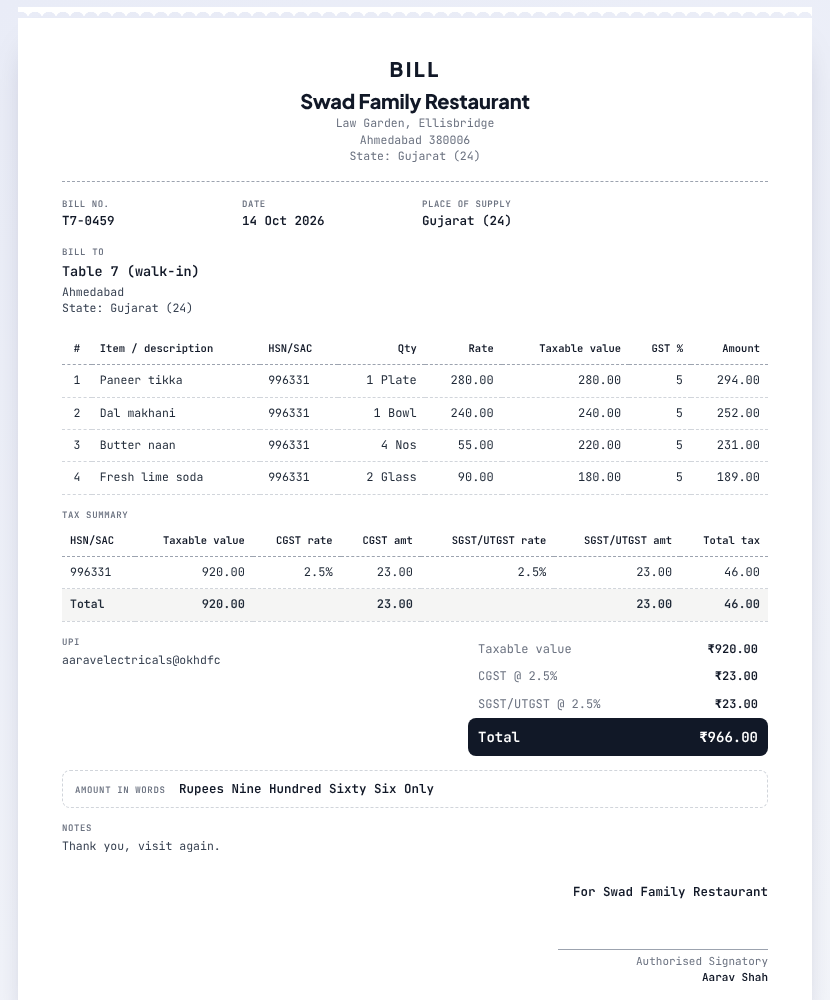 Restaurant bill format preview, receipt style