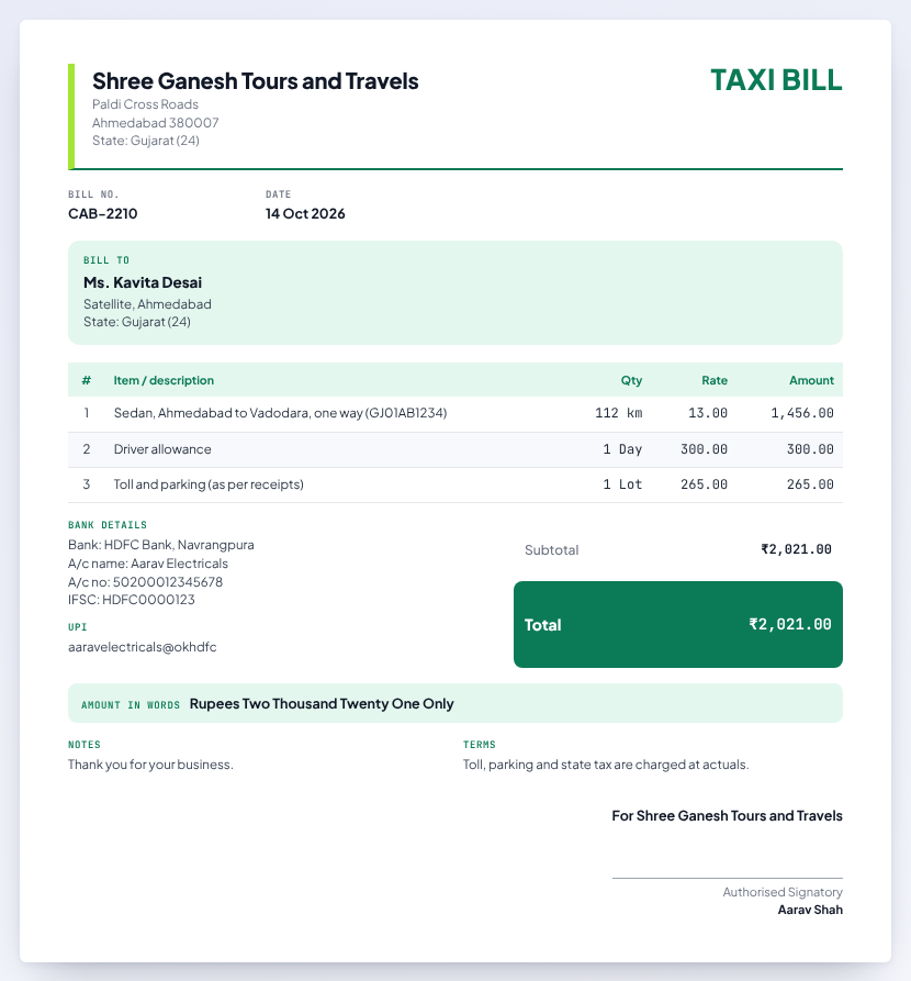 Taxi bill format preview